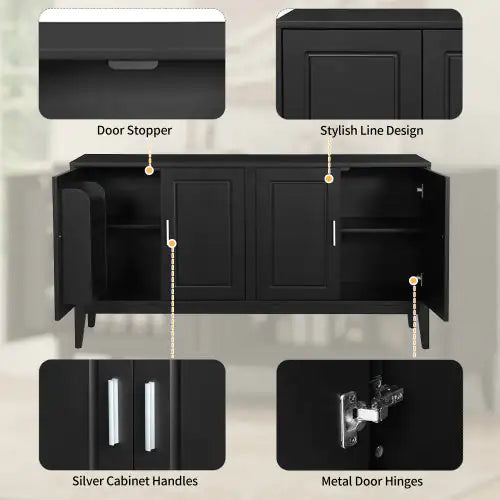 4 Door Sideboard Storage Cabinet With Gantry For Living Room And Dining Room, Two Large Cabinets With Adjustable Shelves, Black