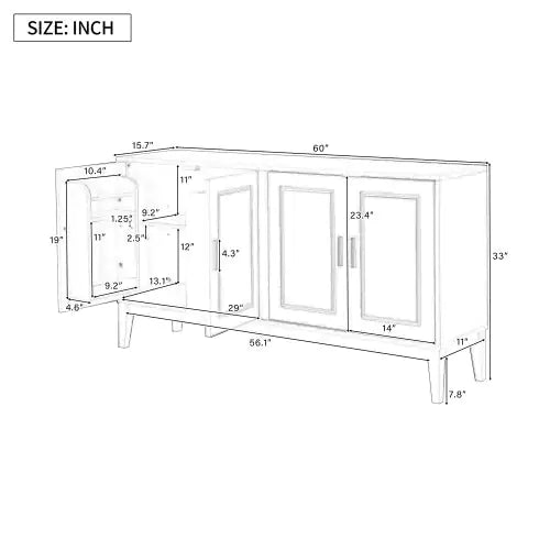 4 Door Sideboard Storage Cabinet With Gantry For Living Room And Dining Room, Two Large Cabinets With Adjustable Shelves, Black